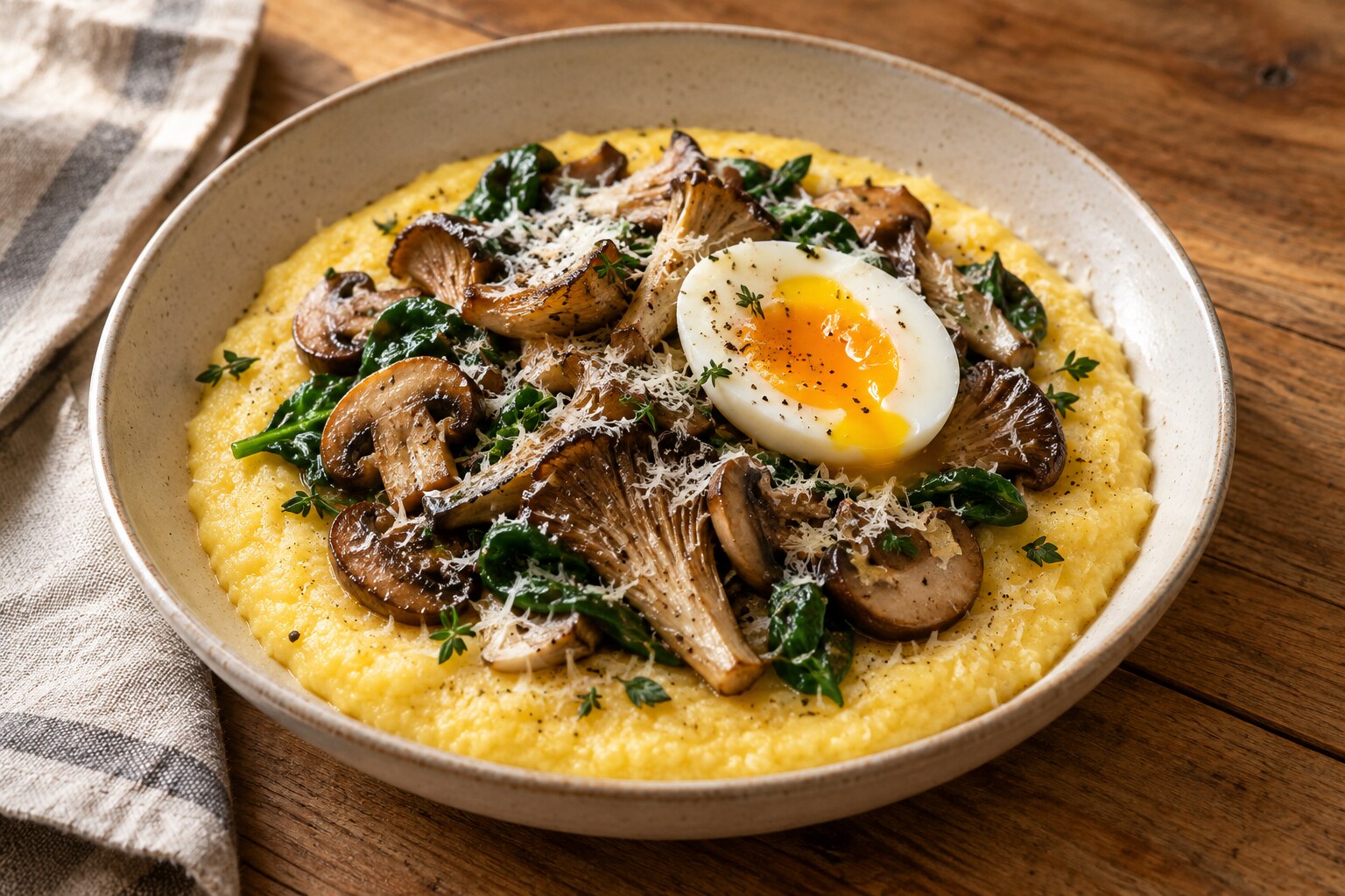 Krémová polenta s pečenými houbami, špenátem a vejcem