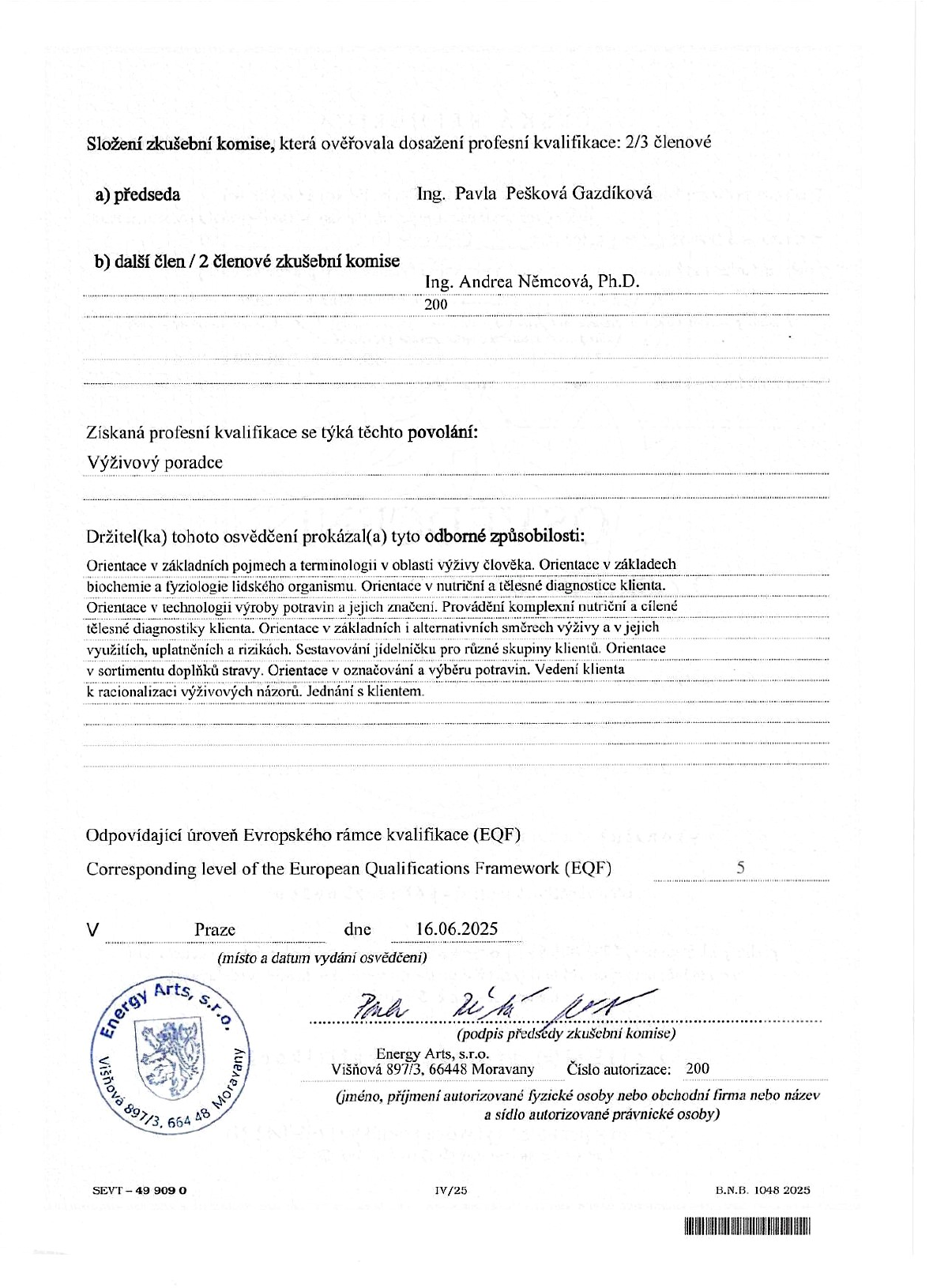 Osvědčení s výčtem odborných způsobilostí
